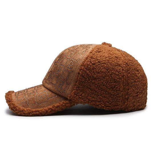 1pc Autumn and Winter Fashion Simple Casual Anti-ultraviolet Thickened Plush Suede Splicing Diamond Baseball Cap,Warm Comfortabl