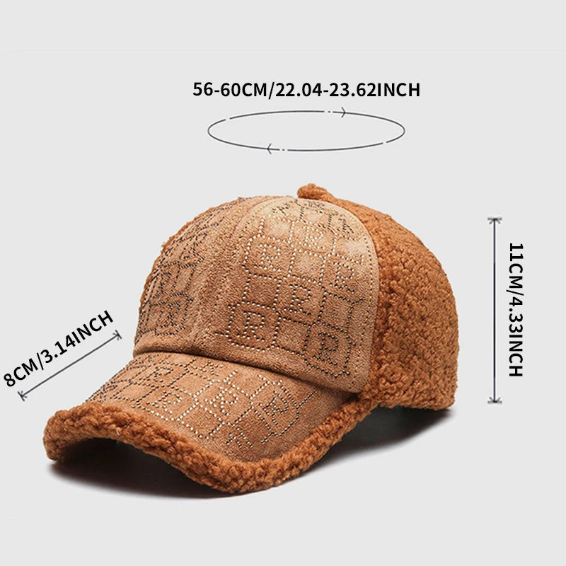 1pc Autumn and Winter Fashion Simple Casual Anti-ultraviolet Thickened Plush Suede Splicing Diamond Baseball Cap,Warm Comfortabl
