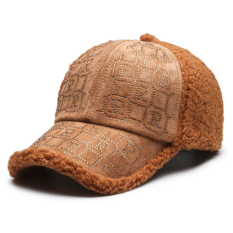 1pc Autumn and Winter Fashion Simple Casual Anti-ultraviolet Thickened Plush Suede Splicing Diamond Baseball Cap,Warm Comfortabl