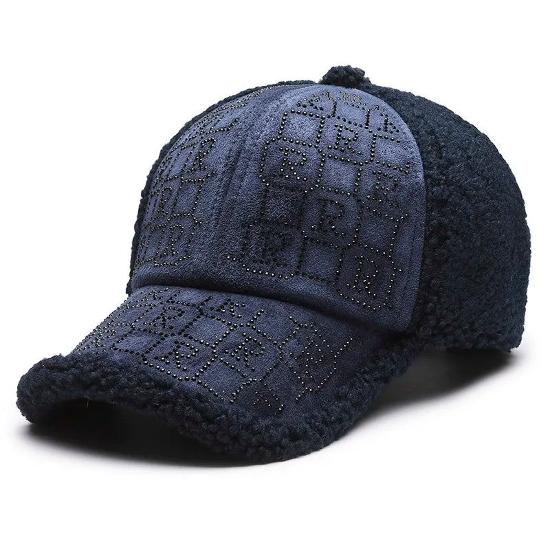 1pc Autumn and Winter Fashion Simple Casual Anti-ultraviolet Thickened Plush Suede Splicing Diamond Baseball Cap,Warm Comfortabl