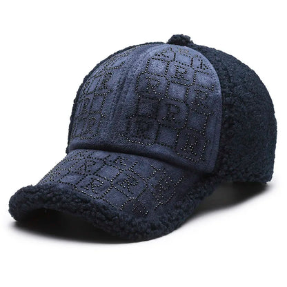 1pc Autumn and Winter Fashion Simple Casual Anti-ultraviolet Thickened Plush Suede Splicing Diamond Baseball Cap,Warm Comfortabl