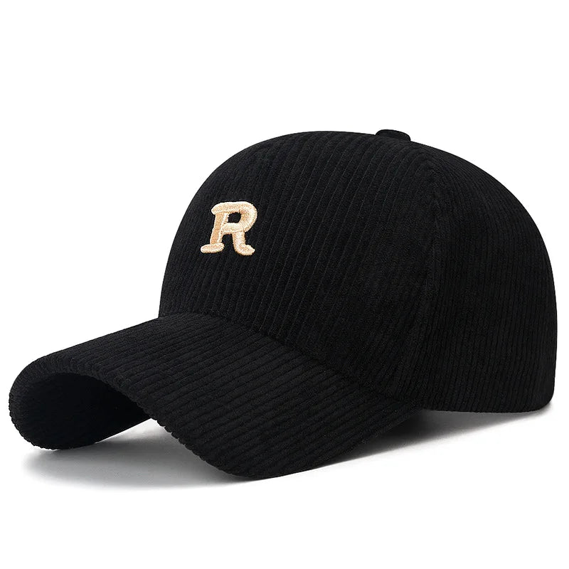 Baseball Cap with 3D Embroidered 'R' Letter Solid Color Adjustable Structured Hat Stylish Fall and Winter Accessory