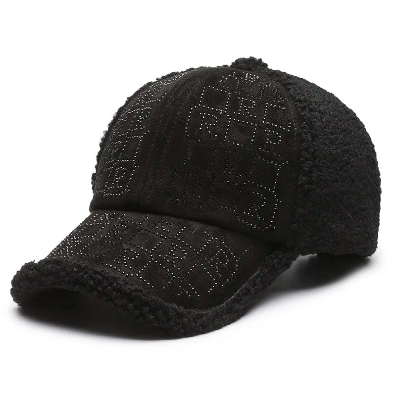 1pc Autumn and Winter Fashion Simple Casual Anti-ultraviolet Thickened Plush Suede Splicing Diamond Baseball Cap,Warm Comfortabl