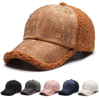1pc Autumn and Winter Fashion Simple Casual Anti-ultraviolet Thickened Plush Suede Splicing Diamond Baseball Cap,Warm Comfortabl