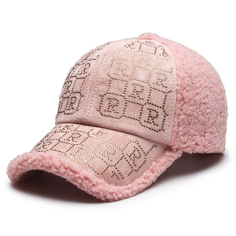 1pc Autumn and Winter Fashion Simple Casual Anti-ultraviolet Thickened Plush Suede Splicing Diamond Baseball Cap,Warm Comfortabl